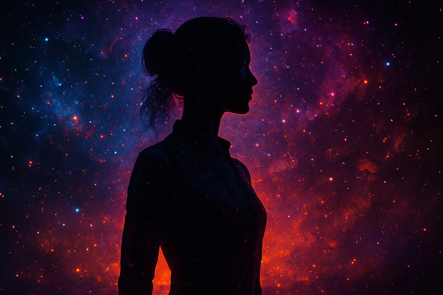 Abstract futuristic silhouette of a woman in a cosmic nebula representing science fiction females